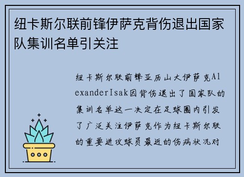 纽卡斯尔联前锋伊萨克背伤退出国家队集训名单引关注 纽卡斯尔联前锋伊萨克背伤退出国家队集训名单引关注