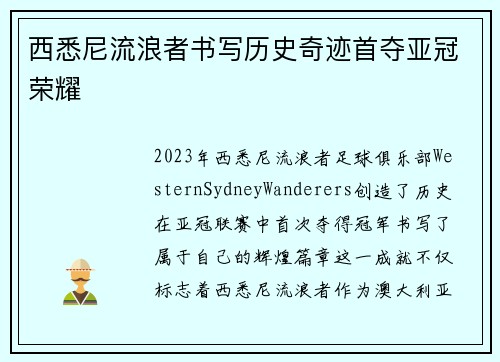 西悉尼流浪者书写历史奇迹首夺亚冠荣耀 西悉尼流浪者书写历史奇迹首夺亚冠荣耀