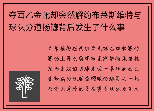 夺西乙金靴却突然解约布莱斯维特与球队分道扬镳背后发生了什么事 夺西乙金靴却突然解约布莱斯维特与球队分道扬镳背后发生了什么事